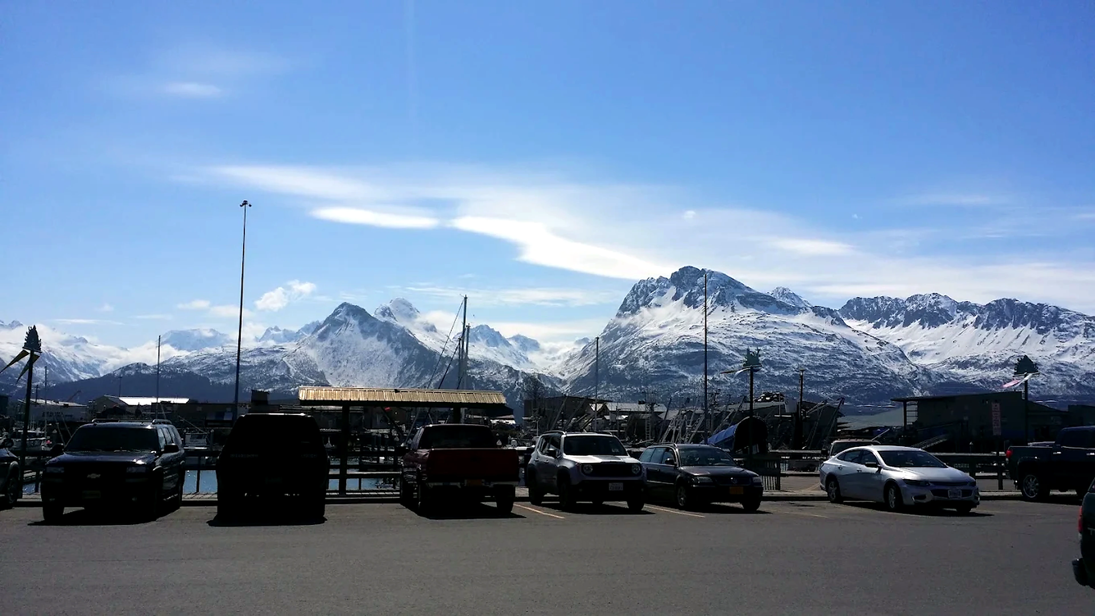 Snow-capped Chugach mountains over Valdez harbor outside Mike's Palace