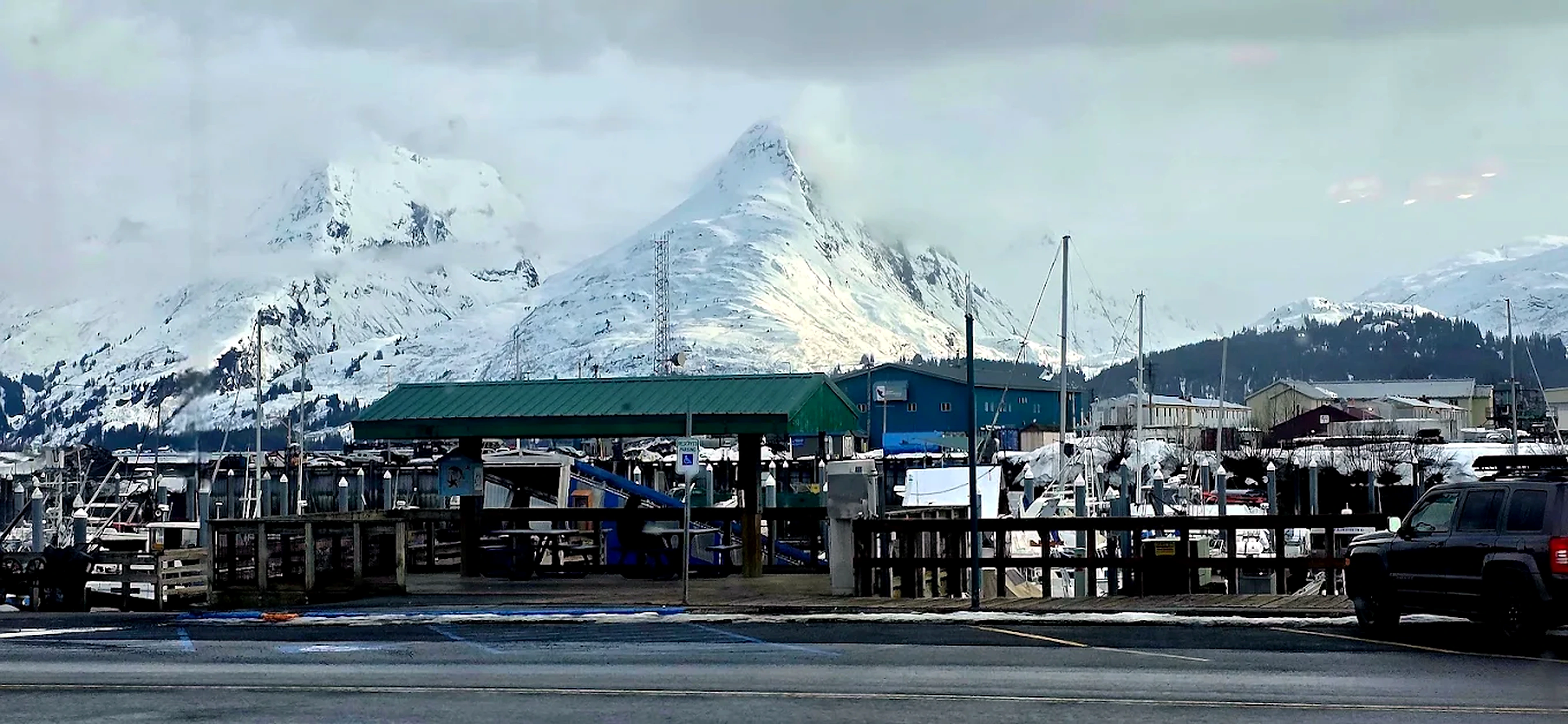 Valdez harbor with snow-covered peaks in winter